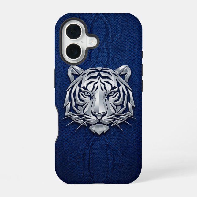 Coque iPhone 16 Tigre Géométrique Chrome Argent Python Bleu iPhone (Verso)