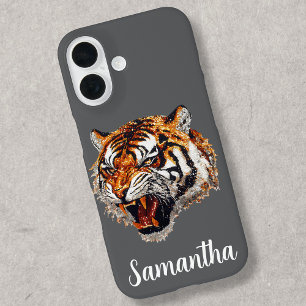 Coque iPhone 16 Tigre Rugissant Faux Paillettes Personnalisé
