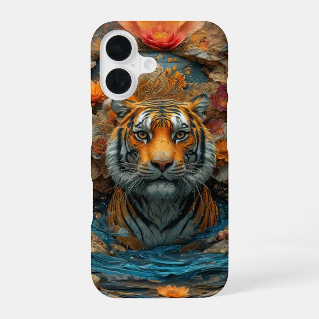 Coque iPhone 16 Tigre sous couverture de fleurs (Verso)