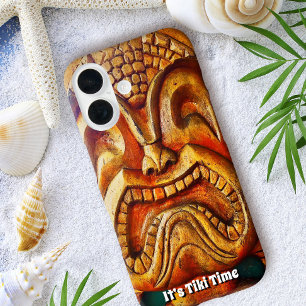Coque iPhone 16 Tiki Time Hawaii Wood Face Fun Retro Photo