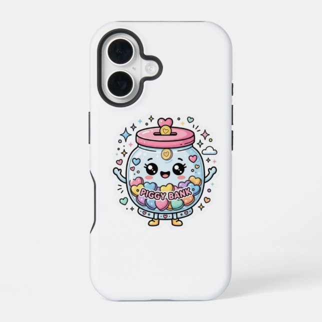 Coque iPhone 16 Tirelire Kawaii Charité Pot Cœur Monnaie Autocolla (Verso)