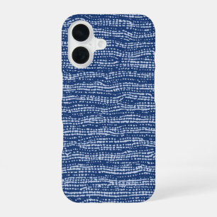 Coque iPhone 16 Tissu de boue rayures en bleu indigo