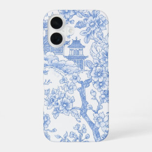Coque iPhone 16 Toile de chinoiserie bleue dragon fleur de cerisie