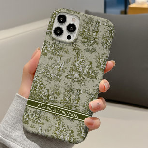 Coque iPhone 16 Toile de Jouy verte grise vintage de style françai