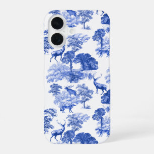 Coque iPhone 16 Toile de Jouy vintage élégante bleu cerf renard ca