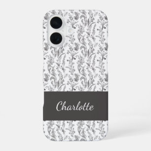 Coque iPhone 16 Toile florale noir et blanc nom personnalisé