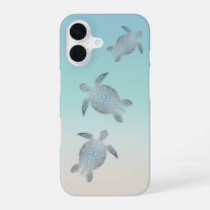 Coque iPhone 16 Tortues Argentées Style Plage Turquoise Côtière
