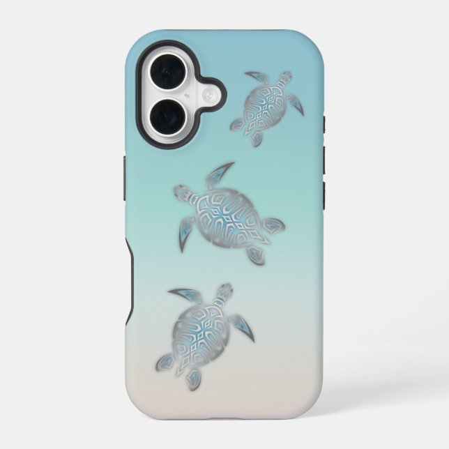 Coque iPhone 16 Tortues Argentées Style Plage Turquoise Côtière (Verso)