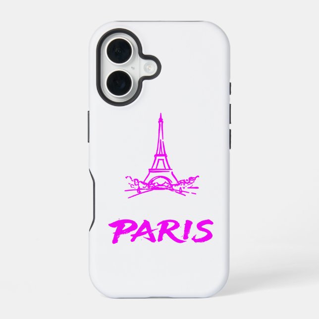 Coque iPhone 16 Tour Eiffel Paris Esquisse Rose Néon (Verso)