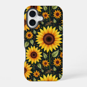 Coque iPhone 16 Tournsoleils jaunes sur fond noir