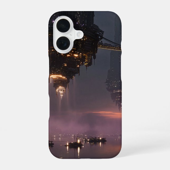 Coque iPhone 16 Tours futuristes flottant au-dessus du port (Verso)