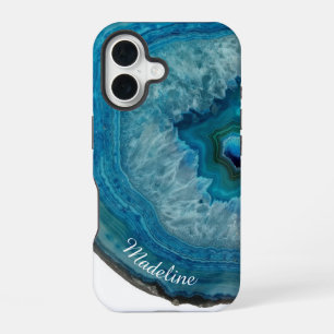 Coque iPhone 16 Tranche de géode bleu cristal Personnalisé