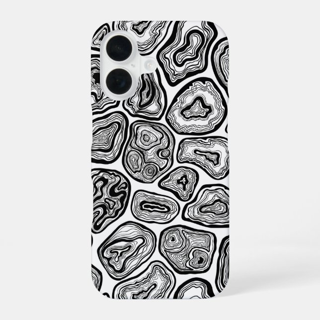 Coque iPhone 16 Tranches d'agate en noir et blanc (Verso)