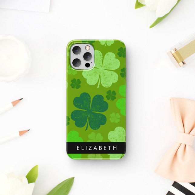 Coque iPhone 16 Trèfles verts, Trèfles chanceux, Votre nom (Créateur téléchargé)