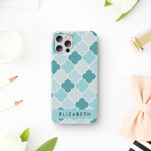 Coque iPhone 16 Trellis Bleu Marocain, Quatrefoil, Votre Nom