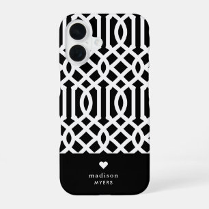 Coque iPhone 16 Trellis Cœur Monogramme Noir et Blanc