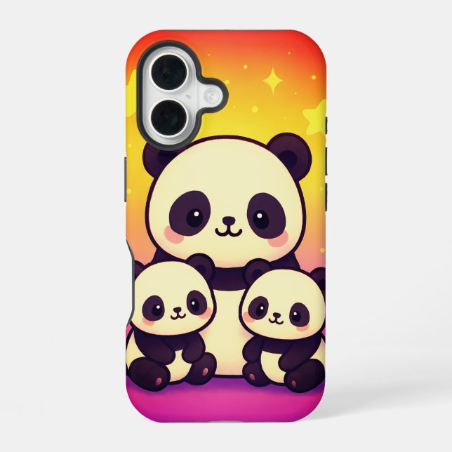 Coque iPhone 16 Trio de panda Whimsical dans le paysage de rêve Gr (Verso)