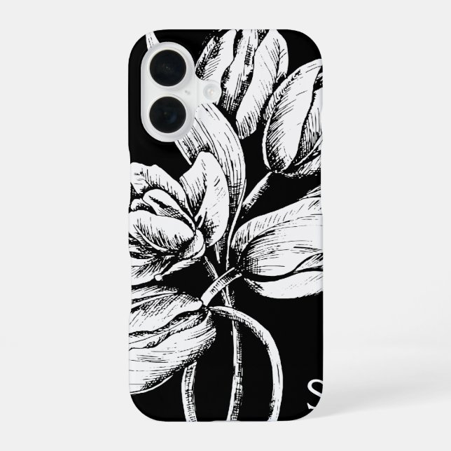 Coque iPhone 16 Tulipes blanches à monogramme sur fond noir (Verso)