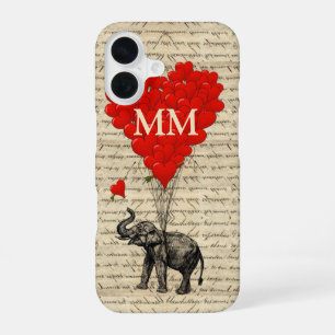 Coque iPhone 16 Un éléphant et un coeur romantiques monogrammes