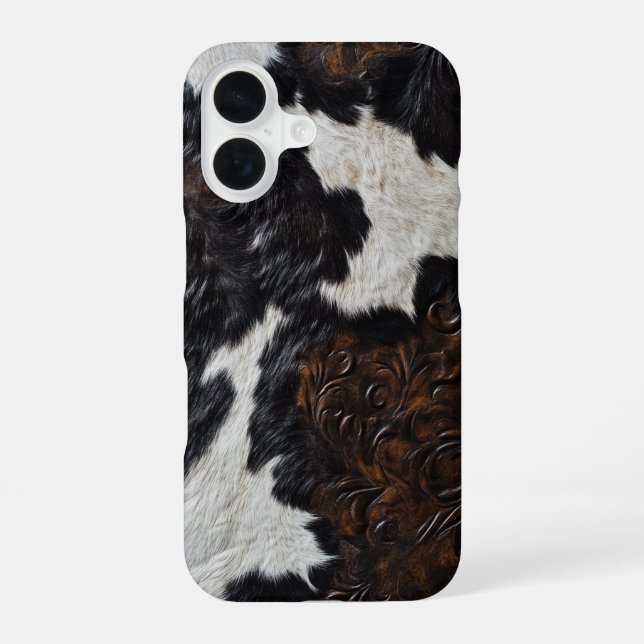 Coque iPhone 16 Vache en cuir à outils Faux tachée fourrure cachée (Verso)