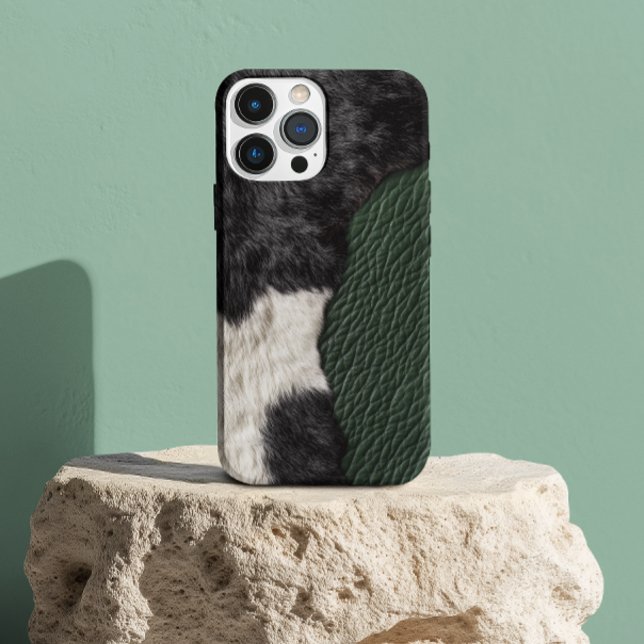 Coque iPhone 16 Vache en cuir vert Faux tachée fourrure cachée (Créateur téléchargé)