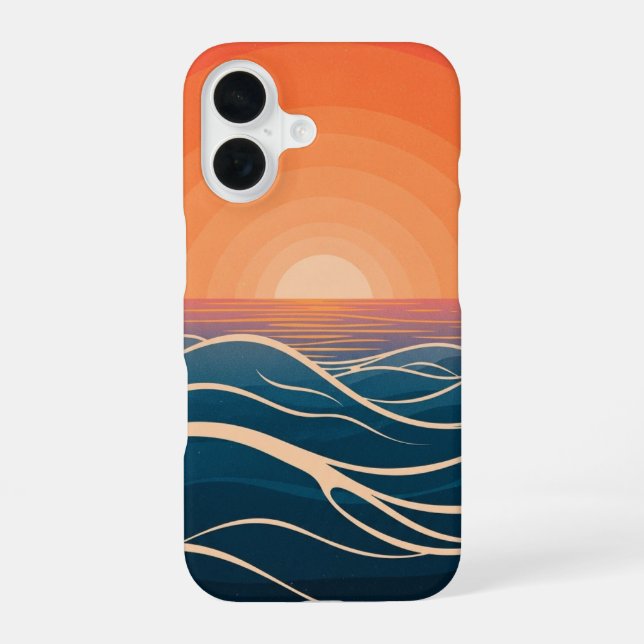 Coque iPhone 16 Vagues de coucher de soleil océanique rétro (Verso)
