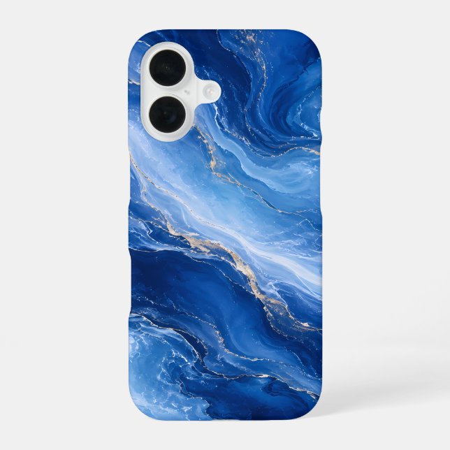 Coque iPhone 16 Vagues de marbre bleu Luxe Abstrait (Verso)