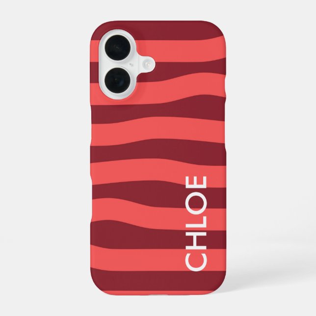 Coque iPhone 16 Vagues rayures rouge rose moderne Nom (Verso)