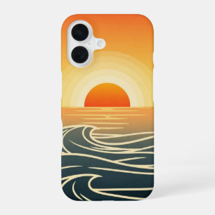 Coque iPhone 16 Vagues Rétro au Coucher du Soleil sur l'Océan