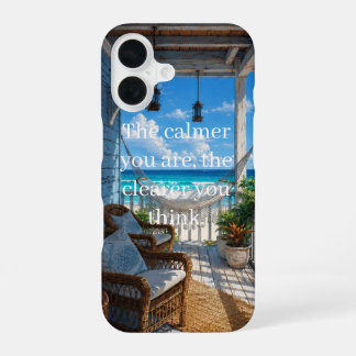 Coque iPhone 16 Véranda côtière avec hamac et mer turquoise