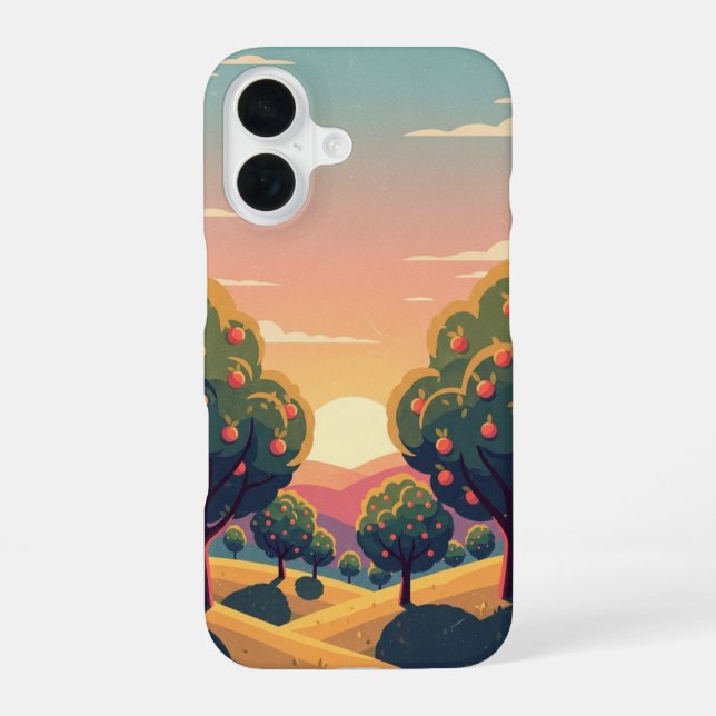 Coque iPhone 16 Verger au Coucher de Soleil Rétro (Verso)