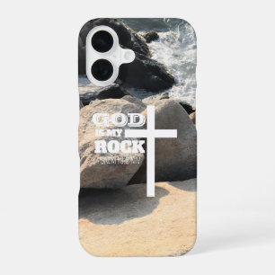 Coque iPhone 16 Verset biblique Dieu est mon Rocher Croix blanche