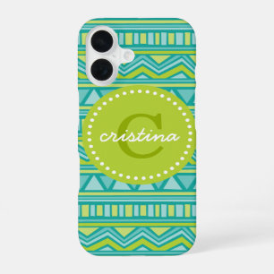 Coque iPhone 16 Vert et Turquoise Aztec Chevron Monogramme personn