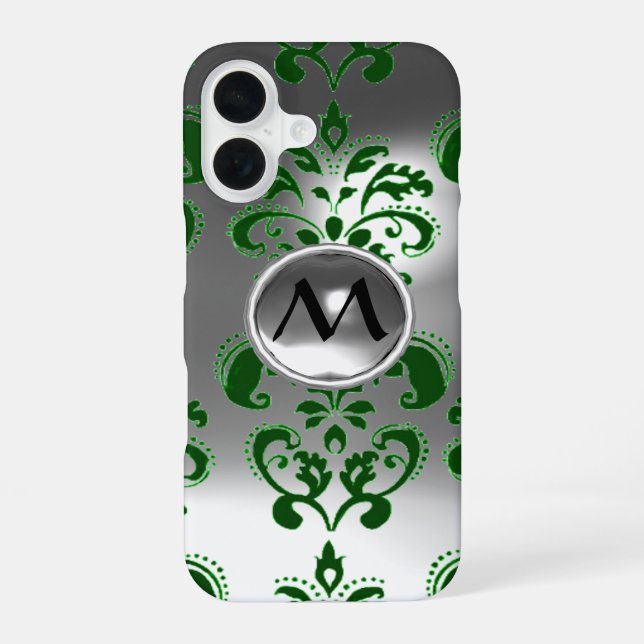 Coque iPhone 16 VERT GRIS BLANC DAMASK GEMSTONE MONOGRAM Floral (Verso)