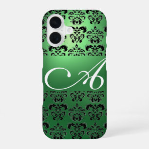 Coque iPhone 16 VERT NOIR DAMAS MONOGRAMME Floral
