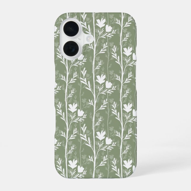 Coque iPhone 16 Vert sauge Botanique Silhouette florale silencieus (Verso)