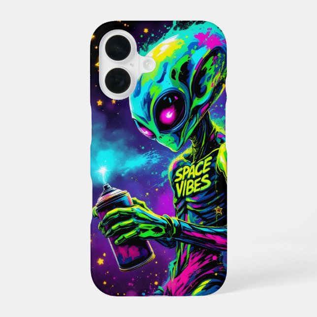 Coque iPhone 16 Vibrations Spatiales Alien Néon (Verso)