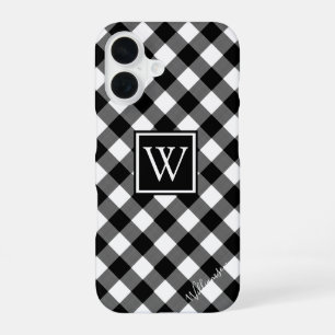 Coque iPhone 16 Vichy à carreaux noir et blanc Monogramme / Nom