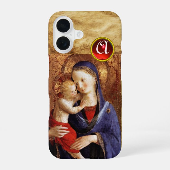 Coque iPhone 16 VIERGE À L'ENFANT  Monogramme Rubis Rouge (Verso)