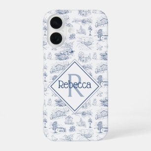 Coque iPhone 16 Vintage Bleu Français Maison de Campagne Monogramm