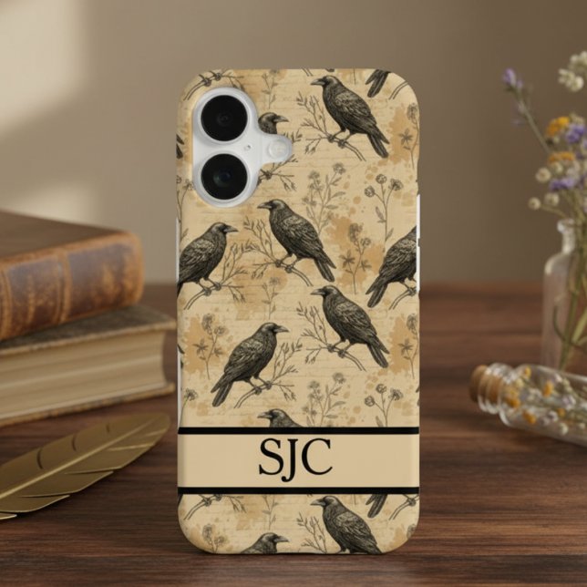 Coque iPhone 16 Vintage Dark Academia Raven (Gothic raven vintage Iphone case)