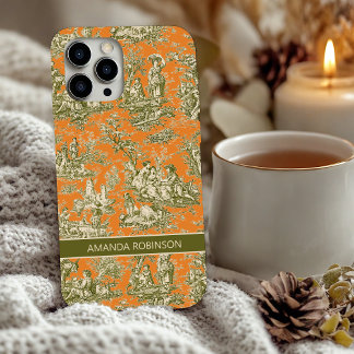 Coque iPhone 16 Vintage floral olive orange toile de jouy