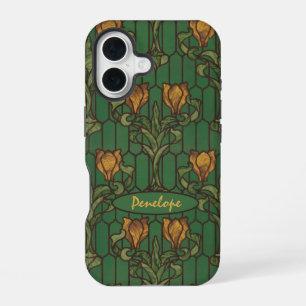 Coque iPhone 16 Vintage Golden Tulips Art Nouveau Floral et nom