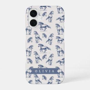 Coque iPhone 16 Vintage Personnalisé Cheval Bleu Classique Campagn