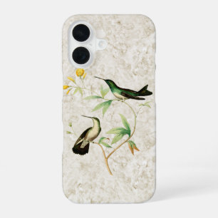 Coque iPhone 16 Vintage vert Colibri Fleurs Jaunes