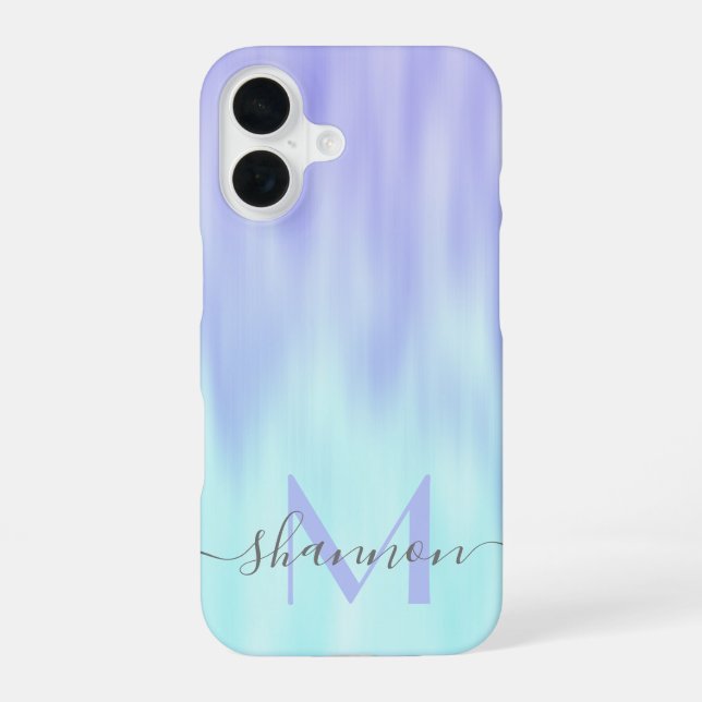 Coque iPhone 16 Violet Aqua Blue Pastel Ombre Chic Script Monogram (Verso)