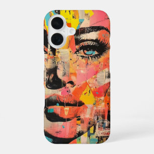 Coque iPhone 16 Visage d'art pop rétro sur papier journal