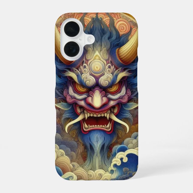 Coque iPhone 16 Visage de démon Oni abstrait fractal oriental (Verso)