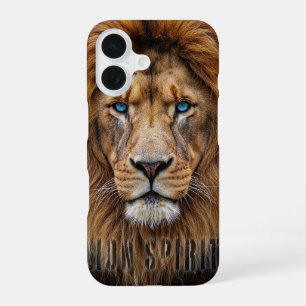 Coque iPhone 16 Visage de lion majestueux aux yeux bleus   Faune A