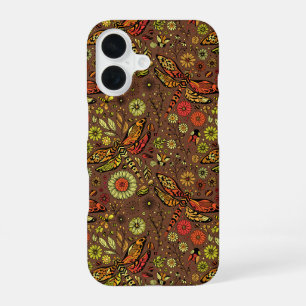 Coque iPhone 16 Vole, vole libellule sur brun cannelle